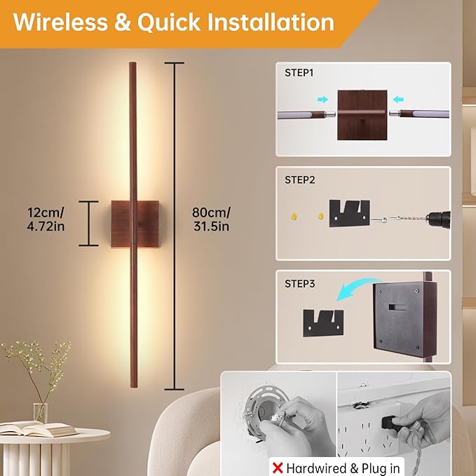 Shenmoyl Battery Operated Wall Sconce Set of 2, 10400mAh Rechargeable Wall Sconces, 3000K-6000K Dimmable, 350°Rotate, Indoor Wall Lights for Bedroom Living Room Bathroom, Black Walnut, 31.5 Inch