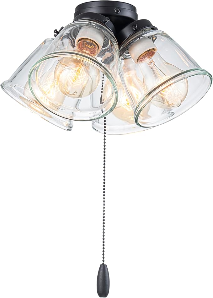 Aspen Creative 22017-1, Four-Light Ceiling Fan Light Kit with Pull Chain, Matte Black Finish with Clear Glass Shades, 13-1/8" Diameter x 6-3/4" Height