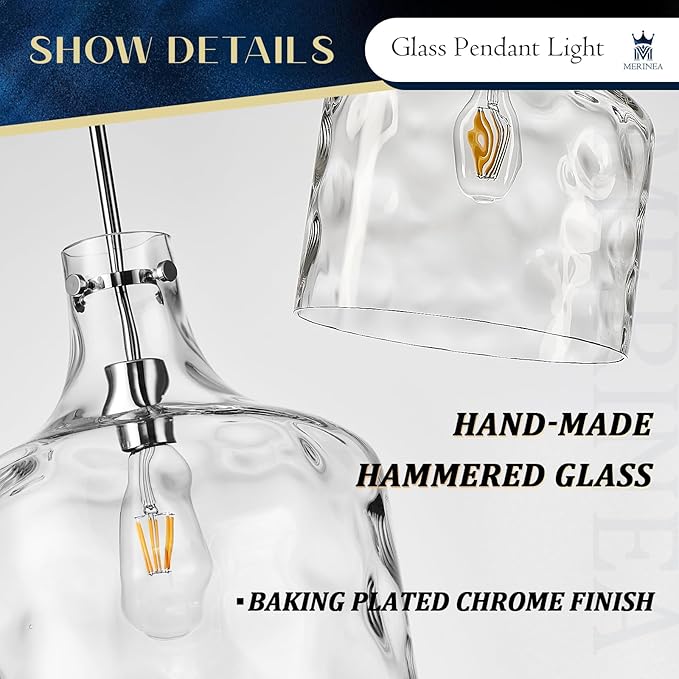 Farmhouse Pendant Light – Hand-Blown Clear Hammered Glass Shade, Chrome Finish, Adjustable Chain Hanging Fixture for Kitchen Island, Dining Room & Hallway, 15" H x 12" D
