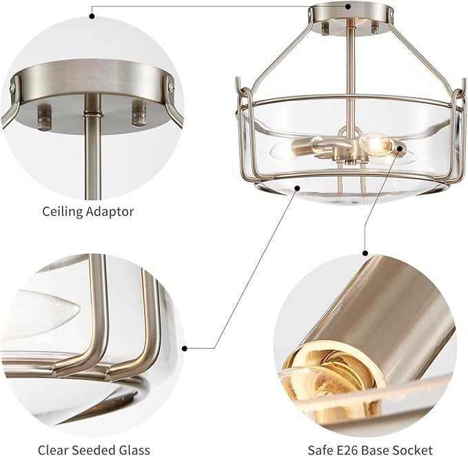 WUZUPS Chandelier 3-Light Semi-Flush Mount Ceiling Light Clear Glass Shade Modern Lighting Fixture for Diningroom Hallway Kitchen Bathroom, H 10" x W 14.8", E12 Base, Brushed Nickel