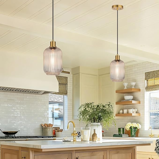 2 Pack Clear Cylinder Pendant Lights Kitchen Island with Ribbed Lampshade, Brushed Gold Hanging Light Fixture, Adjustable Pendant Lighting for Kitchen Island Sink Dining Room (Bulbs Not Included)