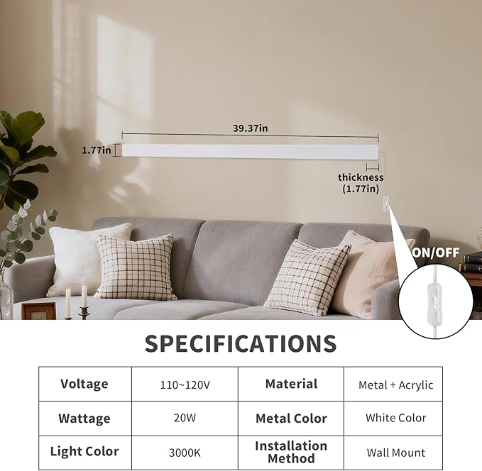 KELUOLY Modern Plug in Long Wall Sconce, 39.3" White Matte LED Wall Lights, 20W Warm White 3000K Acrylic Indoor Wall lamp, with 59" Plug Cable for Bedroom, Living Room, Hallway