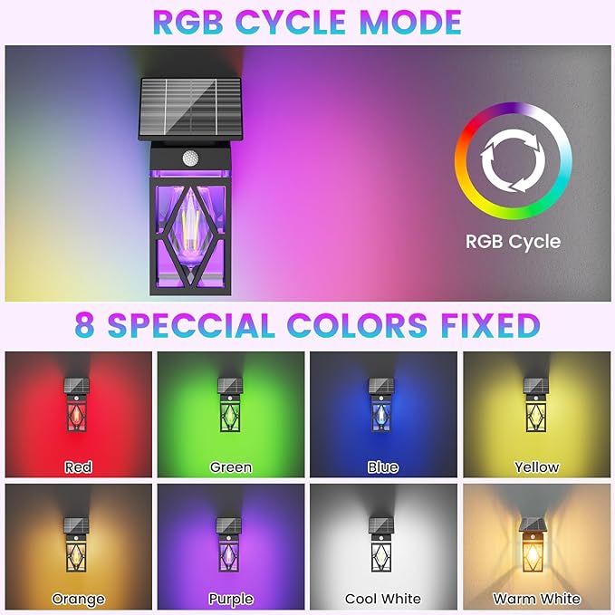 RGB Solar Wall Lights Outdoor, Dusk to Dawn & Motion Sensor Porch Light with Diamond Shape, 10 Modes (RGB Cycle/Fixed) IP65 Waterproof, E26 Bulb Exterior Sconce for Front Porch, Garage, Patio