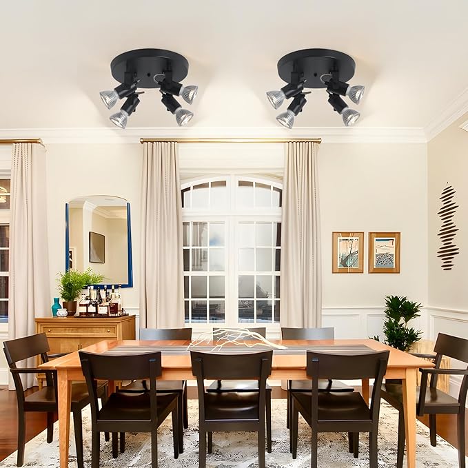 4-Light Kitchen Ceiling Spotlight，Multi-Directional Track Lighting Fixtures Ceiling with Open No Shade Design, Black Ceiling Light for Kitchen Island, Sink,Dining Room, (E26, Bulb Not Included)