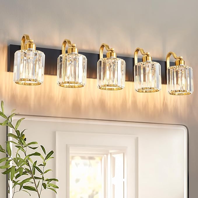 Black Gold Crystal Vanity Light Over Mirror 5 Lights Bathroom Wall Lighting Fixture with Round Shade (Exclude Bulb)