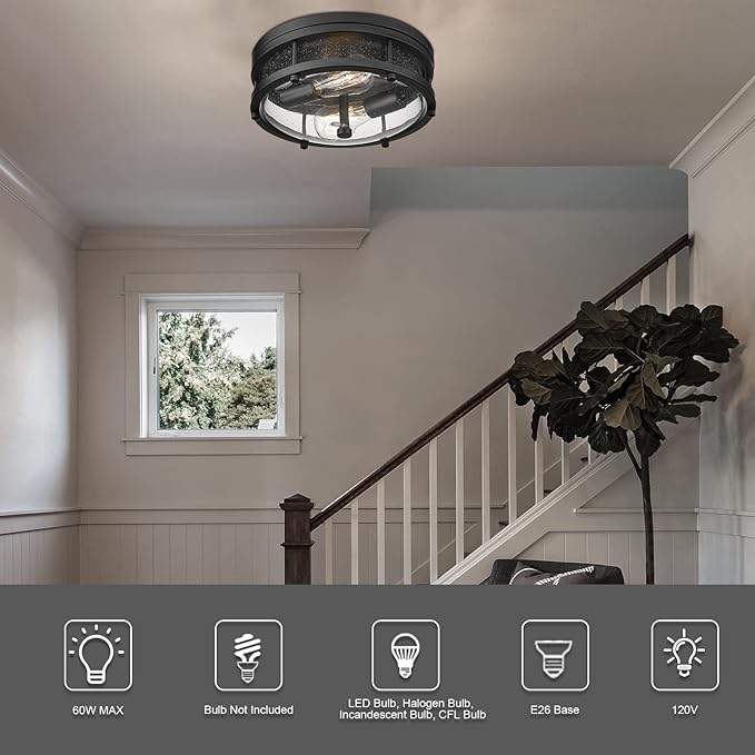 Flush Mount Ceiling Light Fixture, Modern Farmhouse Semi Ceiling Light with Seeded Glass for Bedroom, Entryway, Kitchen Hallway, ROS90 BK