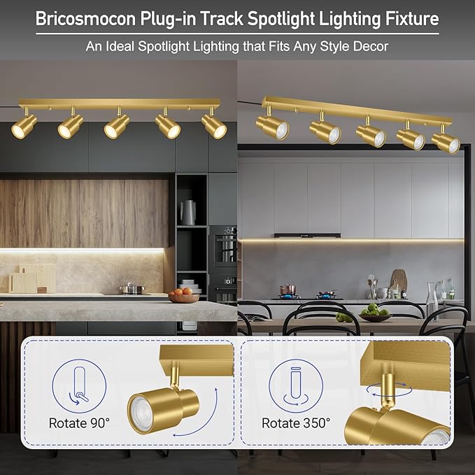Track Lighting Plug in, 30" LED Track Light Fixtures Ceiling, Gold 5 Way Spotlight, Rotatable Head, Plug Wall Lights with 14.8FT Cord, Ceiling Lighting for Kitchen Hallway Bar(GU10, NO Bulb)