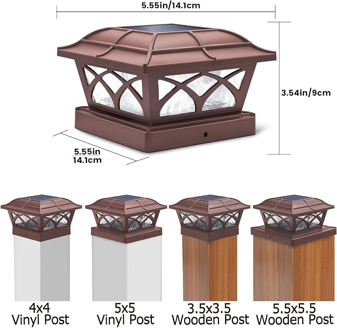 SIEDiNLAR Solar Post Cap Lights Outdoor Glass 2 Color Modes 8 LEDs for 4x4 5x5 6x6 Posts Deck Fence Patio Decoration Warm White & Cool White Lighting Brown (6 Pack)