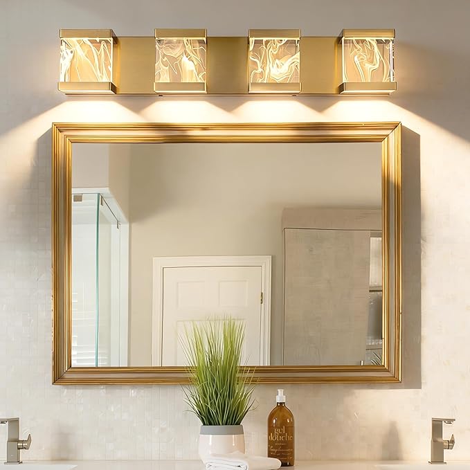 MELUCEE 4 Lights LED Bathroom Vanity Light with Unique Smoke Acrylic Panel, Modern Brass Vanity Light Bar Bathroom Light Fixtures Wall Sconce for Bath Powder Room Entryway, 20W 3000K Warm Lighting