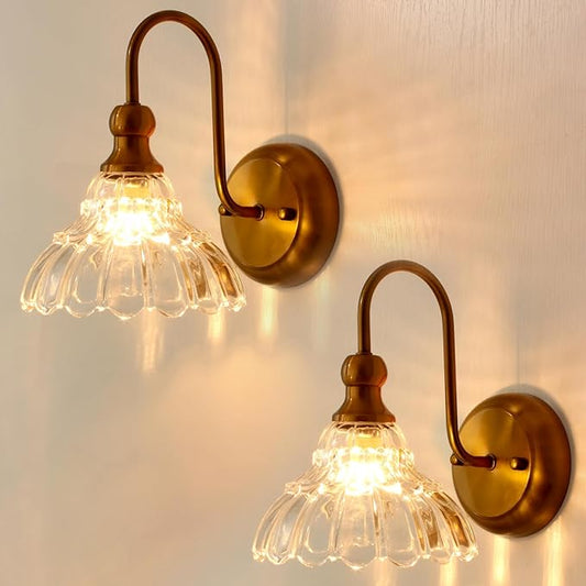 lobolighting Vintage Wall Sconce Set of 2 with Glass Shade Brass Sconces Gold Bathroom Vanity Light Fixtures Modern Wall Lighting Fixture for Bedroom Bedside Door Header