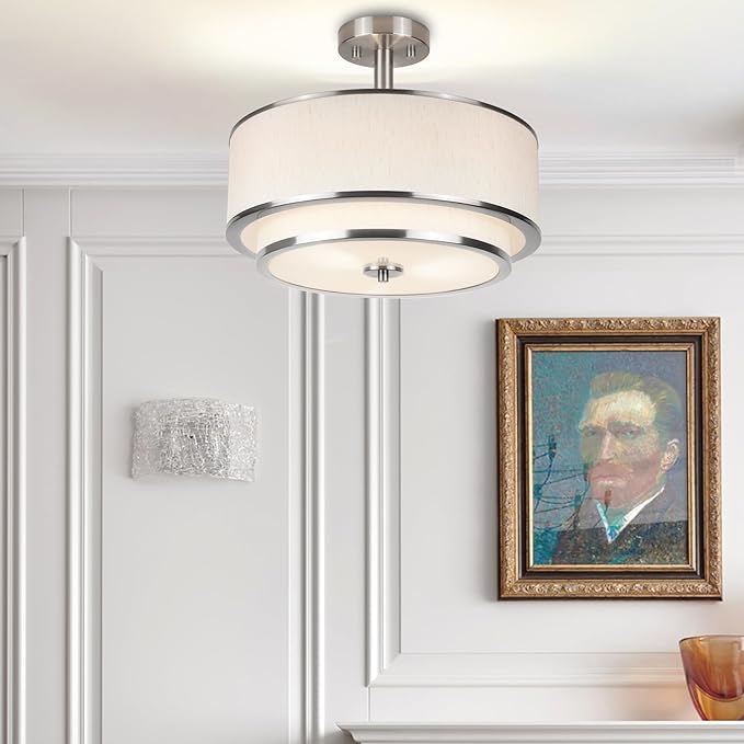 3-Light Semi Flush Mount Ceiling Light, 16" Drum Light with White Fabric Shade, Modern Close to Ceiling Lamp for Living Room Bedroom Dining Kitchen Hallway Entry (Brushed Nickel)