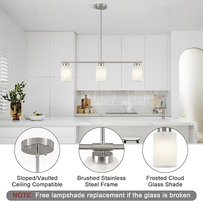 3-Light Kitchen Island Lighting Brushed Nickel Dining Room Light Fixture with Milk Glass Shade 31" Modern Linear Chandelier Adjustable Hanging Pendant Lighting Over Island Dining Table Living Room，E26