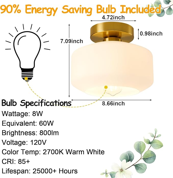 Lynnoland Industrial Semi Flush Mount Ceiling Light Brushed Gold, Milky White Glass Shade Ceiling Light Fixture,Brushed Gold Light Fixture for Hallway Bathroom Bedroom, Vintage Hanging Light Fixtures