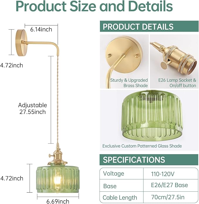 Shenmoyl Vintage Wall Sconce Wall Lamp with Green Striped Shade Pattern Glass Adjustable Chain Retro Gold Wall Mounted Light, Modern Wall Lamp Fixtures Decor for Bedside Bedroom Indoor Doorway