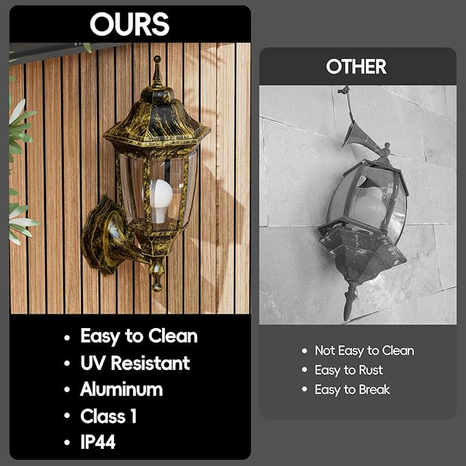 EMART Outdoor Front Porch Light, Exterior Anti-Corrosion, Waterproof Aluminum & Glass Shades Wall Lamp Fixture, Modern Sconce Lantern for Outside, House, Garage - 2 Pack, Gold （Bulb Included）