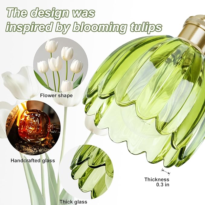 Hardwired Wall Sconces Set of Two, Vintage Wall Lights with Green Tulip Glass Lampshade, Gold Wall Lamps for Bedroom Bedside Stairway Bathroom Living Room (Bulbs Not Included, Not Battery Powered)