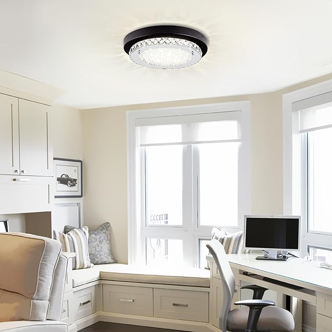 Crystal Flush Mount Ceiling Light Fixture 13 Inch LED Bathroom Ceiling Light Dimmable Black Hallway Light Fixture Round Close to Ceiling Light Small Crystal Chandeliers for Kitchen Launtry 4000K