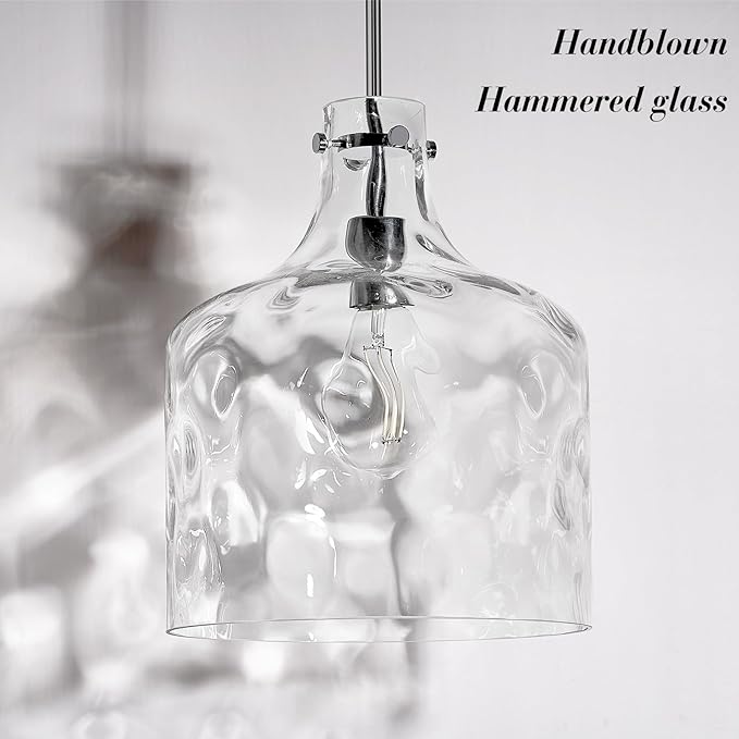 CATINER Extra Large 16" Vintage Farmhouse Pendant Light – Hand-Blown Clear Hammered Glass Shade, Adjustable Chain Hanging Light for Kitchen Island, Hallway, Dining Room, Chrome