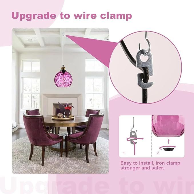 Purple Hanging Lights Plug in Pendant Lights Handblown Glsss Chandelier Plug in Light with Ceiling, Purple Glass Pendant Light for Kitchen Island, Dining Room, E26, No Bulb, 2 Pack