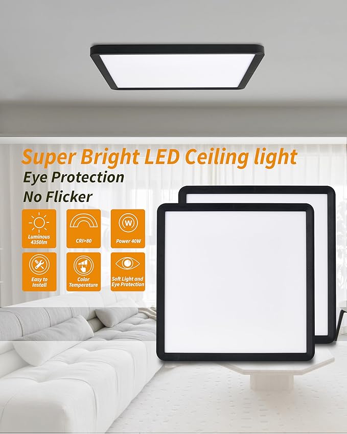 Square Led Flush Mount Ceiling Light,20 Inch 40w 4520lm led Light 3000k,4000k,6000k CCT Selectable,Flat Panel Super Slim Led Ceiling Light Fixture,for Living Dining Kitchen Bedroom Room (1Pack-Black)