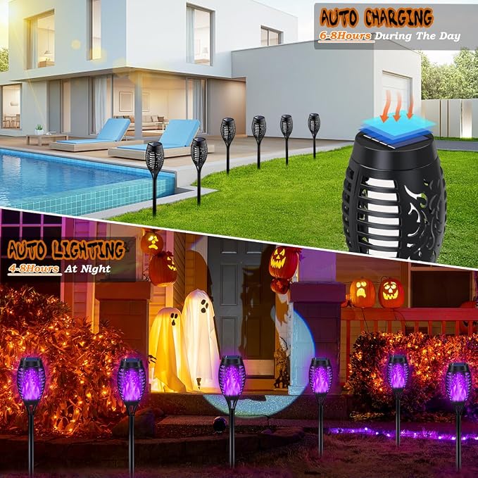 Outdoor Halloween Decorations, 10Pack Purple Flickering Flame Solar Torch Light for Yard Decorations, Waterproof Halloween Lights Outdoor, Solar Lights for Outside Decor Garden Patio Lawn Path Scary