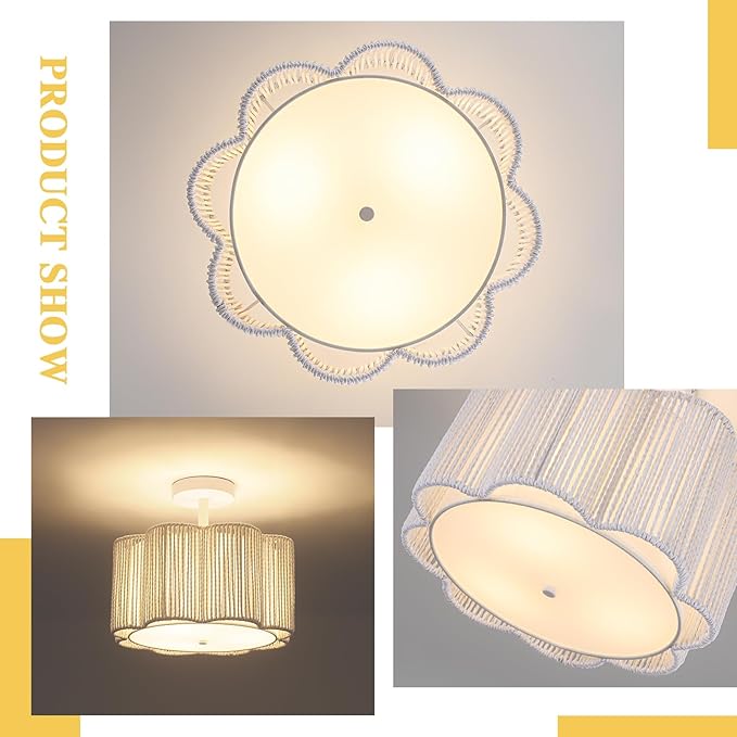Rattan Semi Flush Mount Ceiling Light, 3-Light Boho Ceiling Lights, Modern Hand-Woven Rattan Boho Light Fixture for Bedroom Living Room Kitchen Hallway and Entryway (White)