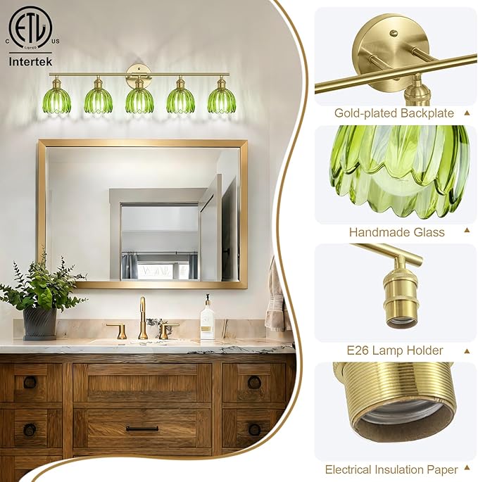 Vintage Bathroom Light Fixtures,5-Light Hardwired Vanity Lights with Green Tulip Glass Shade,Gold Bathroom Vanity Light for Mirror Restroom,E26 Socket,33.46 in(Bulbs Not Included)