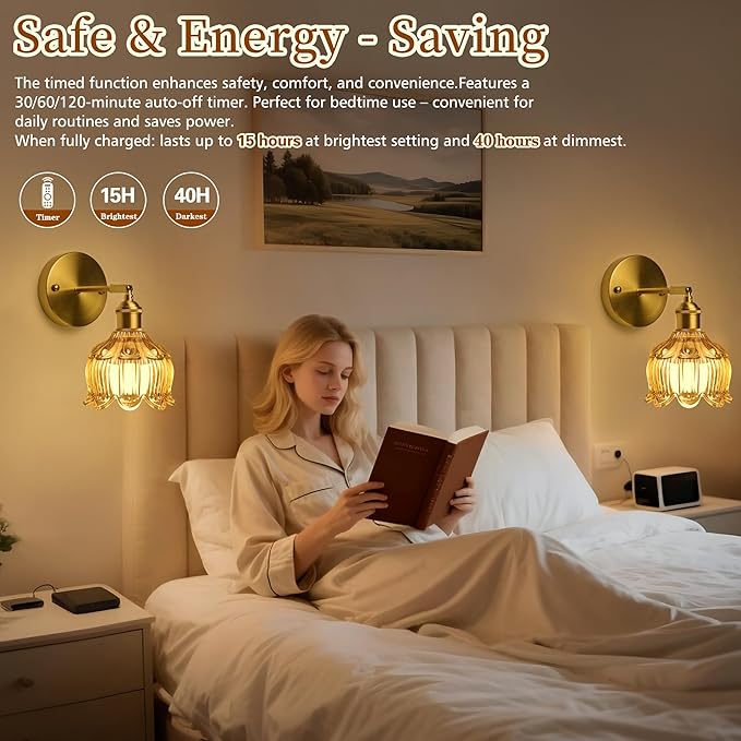 Wireless Wall Sconce with Flower lampshade, Battery Operated Wall Lights,Wall lamp with 15 Colors for Bedroom Living Room Home Decor (Amber, 2 Light Battery Operated)