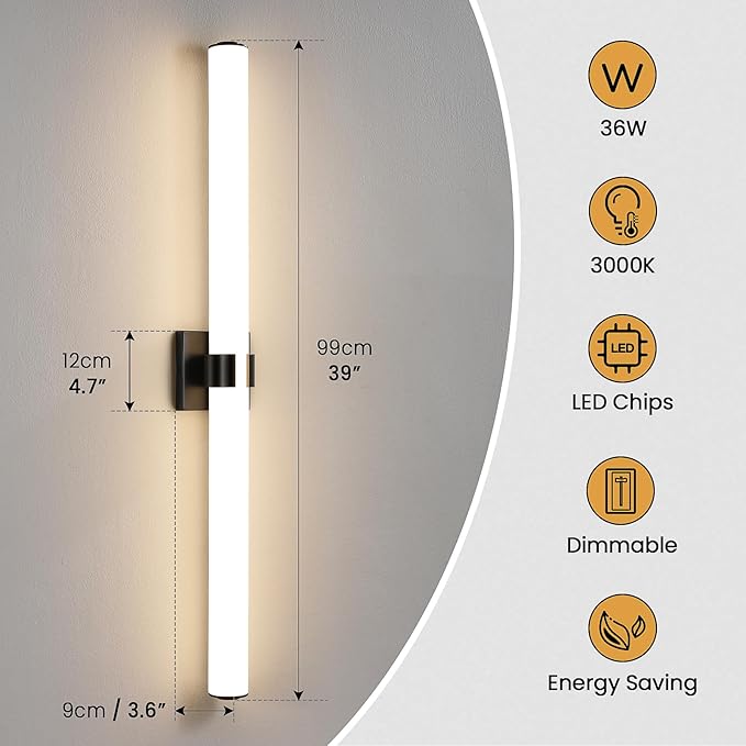 AIJIASI Bathroom Vanity Light - 39 Inch Black Bathroom Lighting Fixtures Over Mirror 36W 3000K Dimming LED Vanity Light Bar Modern Vanity Light Fixture for Mirror Bedroom Living Room