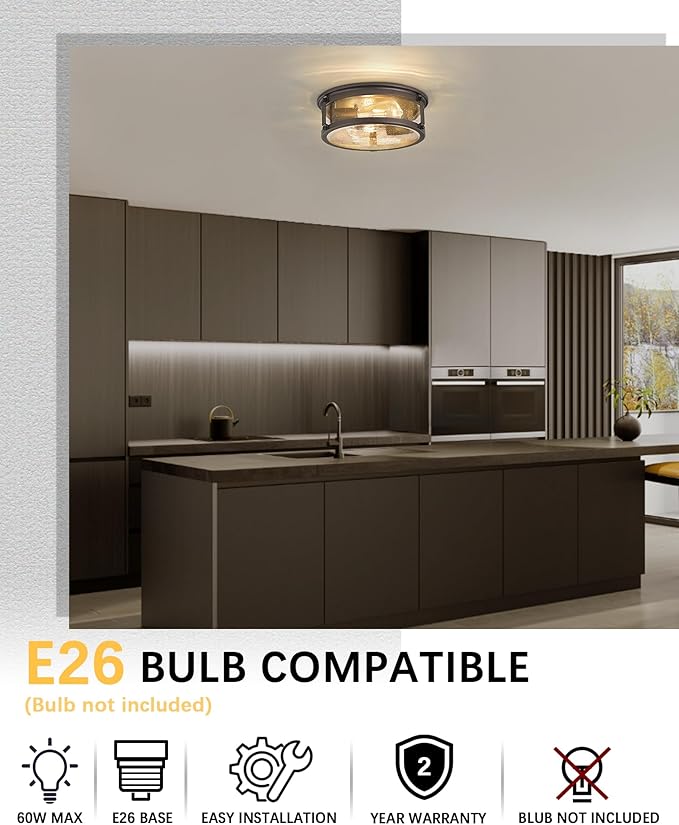 Flush Mount Ceiling Light, 2-Light Oil Rubbed Bronze Ceiling Light Fixture, Flush Mount Light with Seeded Glass Shade for Kitchen, Hallway, Bedroom (12 Inch)