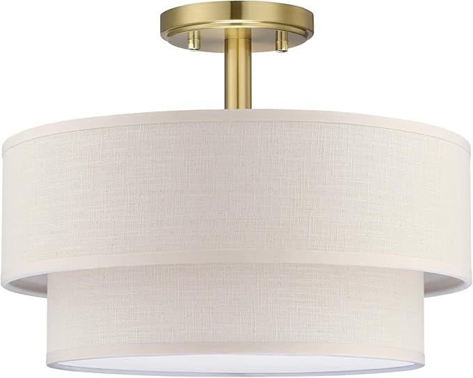 3 Lights 12 Inch Semi Flush Mount Close to Ceiling Light Fixture,Cream Fabric Shade Gold Finish for Bedroom,Living Room,Dining Room Hallway