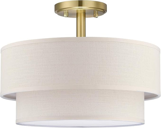 3 Lights 12 Inch Semi Flush Mount Close to Ceiling Light Fixture,Cream Fabric Shade Gold Finish for Bedroom,Living Room,Dining Room Hallway