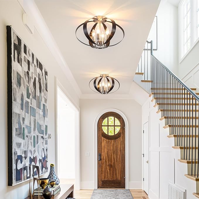 Black and Brushed Nickel Semi Flush Mount Ceiling Light, 4-Light Farmhouse Modern Light Fixtures Ceiling Mount, Metal Cage Stair Lights for Kitchen, Hallway, Entryway, Living Room, Bedroom