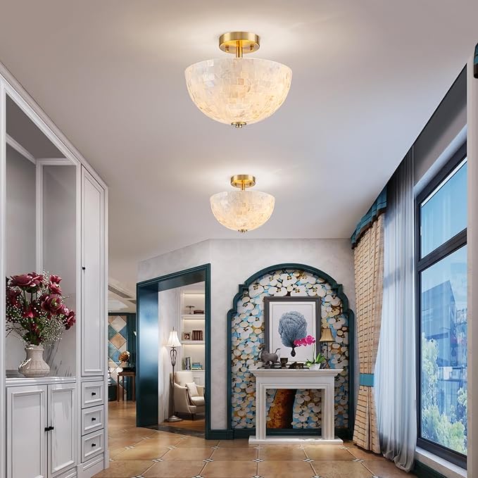D12 inch Modern Capiz Shell Ceiling Light, 2-Light Coastal Design Semi-Flushmount Light Fixture for Dining Room, Hallway, Bedroom, D12xH10 inch, Shell Lampshade & Gold Finish Frame
