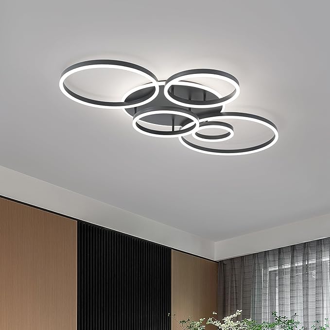 O'NEELDY Black Flush Mount Ceiling Light Dimmable Dining Room Light Fixture Round 6 Rings Modern LED Ceiling Light with Remote Control 47" Kitchen Lighting Fixture Ceiling Lamp for Living Room,Bedroom
