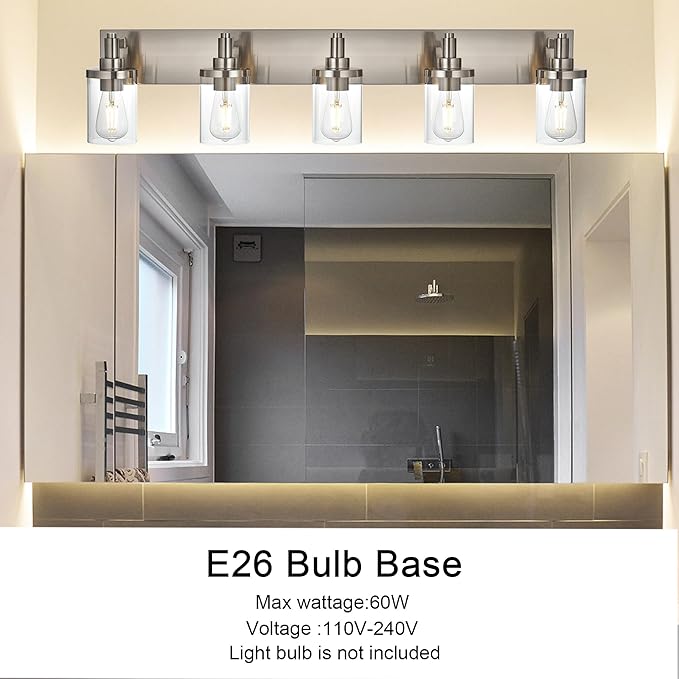 5 Lights Vanity Wall Light Fixtures Over Mirror, Modern Bathroom Light with Clear Glass Shade, Brushed Nickel Farmhouse Wall Sconce Lighting for Bathroom Mirror Kitchen Porch Living Room