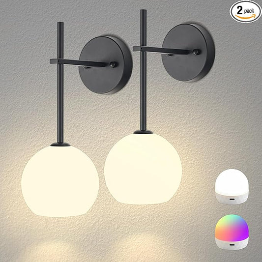 Black Battery Operated Wall Sconces Set of 2, Rechargeable Wireless Wall Lights with Milky White Frosted Glass Shade, 12 RGB and 3CCT Dimmable, Wall Lamps with Remote for Bedroom Living Room Hallway