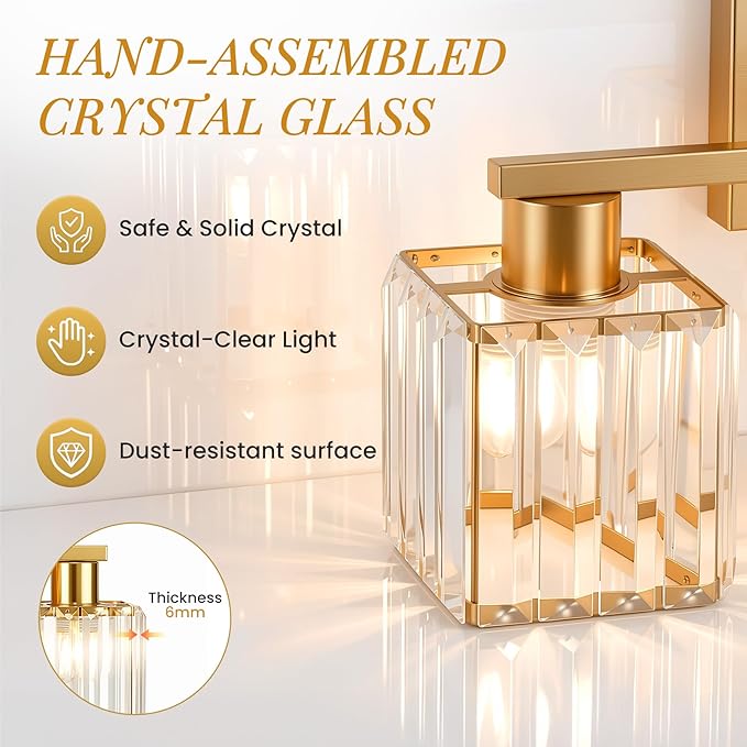 Crystal Bathroom Light Fixtures, 4-Light Brushed Gold, Vanity Lights for Bathroom Over Mirror, Modern Bath Wall Sconce for Mirror Bedroom Living Room