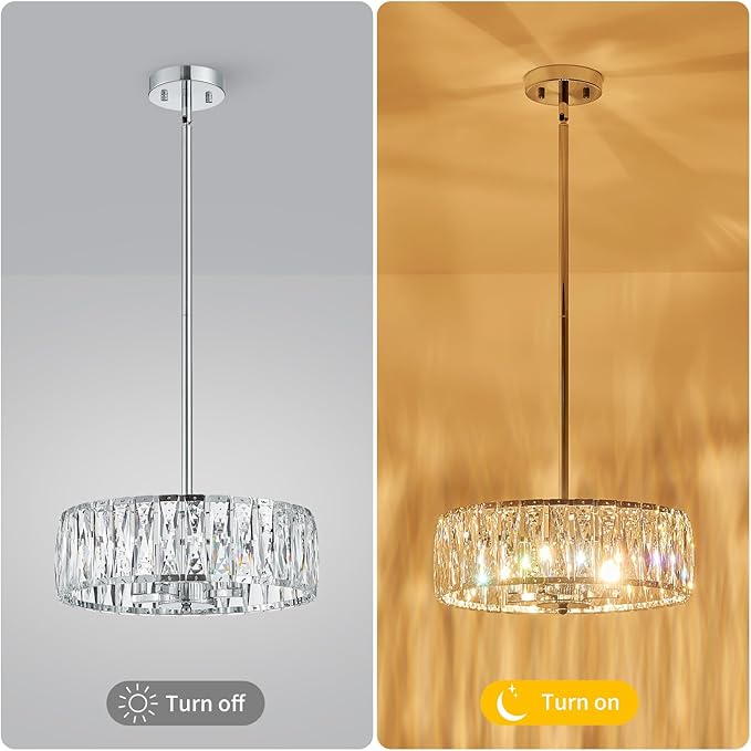 K9 Crystal Chandeliers, 4-Light Modern Pendant Light Fixture for Living Room, Dinning Room, D15 × H9~47inch(Adjustable Height), Chrome Finish Frame & K9 Crystal