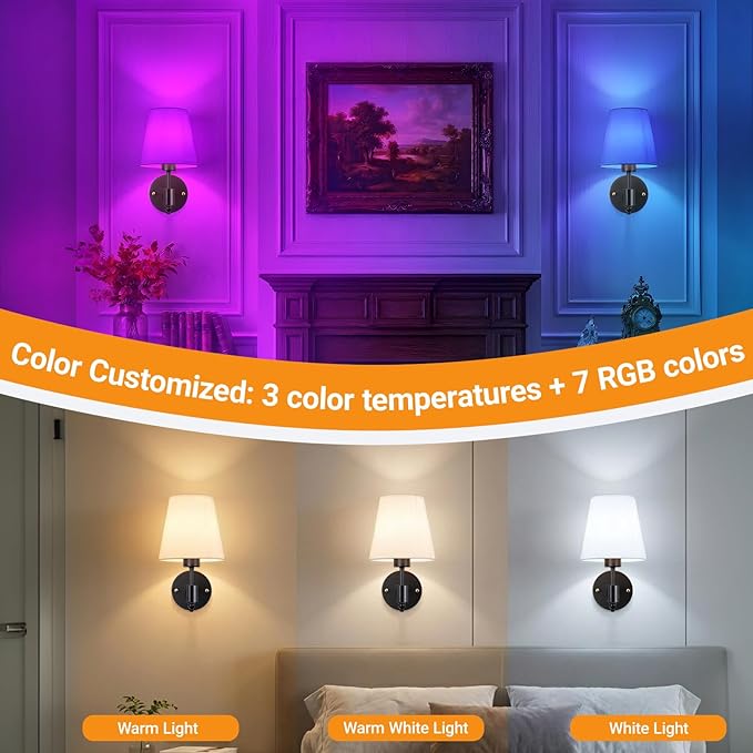 Battery Operated Wall Sconces Set Of Two, Wireless Battery Wall Light With 10000mAh RGB Rechargeable Magnetic Bulb, Rechargeable Wall Sconce With Remote Control For Bedroom, No Electrician Required