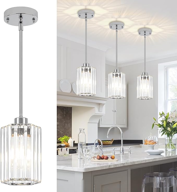 3-Pack Chrome Pendant Lights Kitchen Island Modern Crystal Hanging Pendant Light Hexagonal Mini Chandelier Adjustable Hanging Kitchen Lights for Dining Room Hallway Bedroom Entryway Light Fixture
