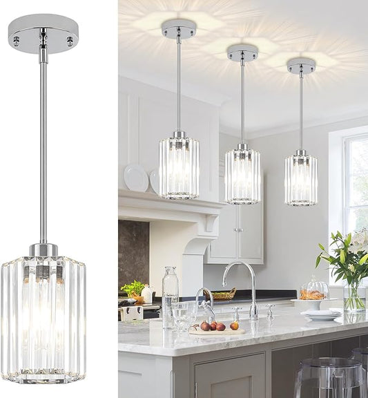 3-Pack Chrome Pendant Lights Kitchen Island Modern Crystal Hanging Pendant Light Hexagonal Mini Chandelier Adjustable Hanging Kitchen Lights for Dining Room Hallway Bedroom Entryway Light Fixture