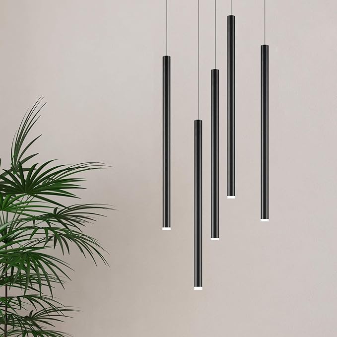 contec development CANALIS 5 Mini Pendant Lighting Black - LED Hanging Light Fixture for Kitchen Island, Bar, Foyer - Cluster Pendants - Dimmable, Adjustable Wire, Lamp Bulb Included