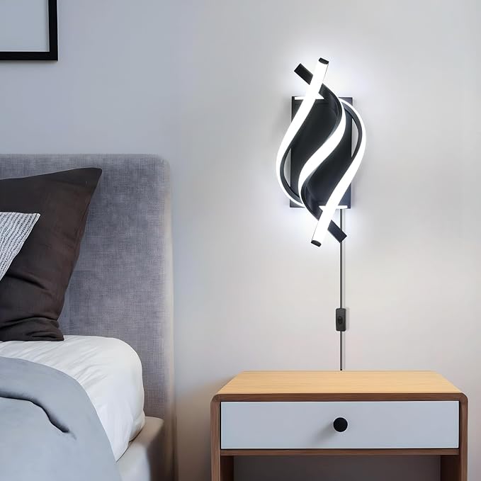 DELIPOP Modern Wall Sconces, 6500K Plug in Spiral LED Wall Sconce, 21W LED Wall Light with 5FT Plug Cord for Bedroom Bathroom Living Room Hallway Balcony