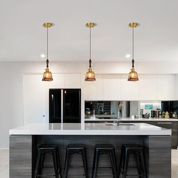 Amber Glass Vintage Pendant Light Height Adjustable Handmade Glass Pendant Lights Kitchen Island Gold Hanging Light Fixture with Wood Handle for Bedroom Dining Room Hotel (1 Pack)