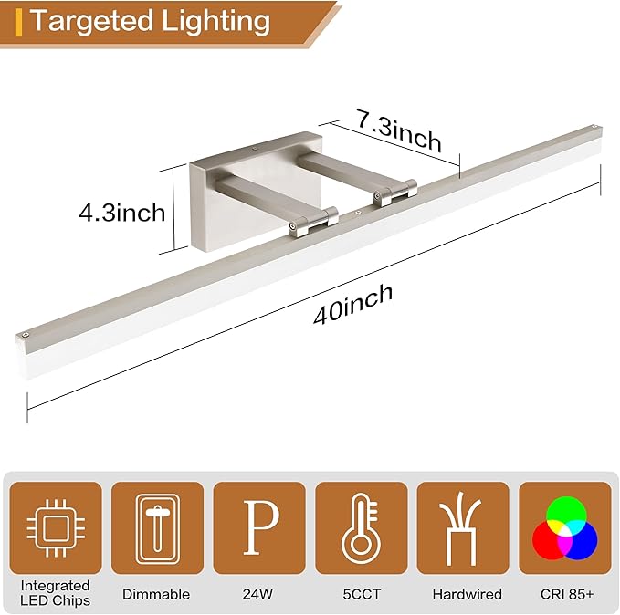 SOLFART 39.4 Inch 5 Color Temperature Dimmable Brushed Nickel Bathroom Light Fixture Vanity Light Over Mirror Modern Bathroom Lights Over Mirror 5CCT