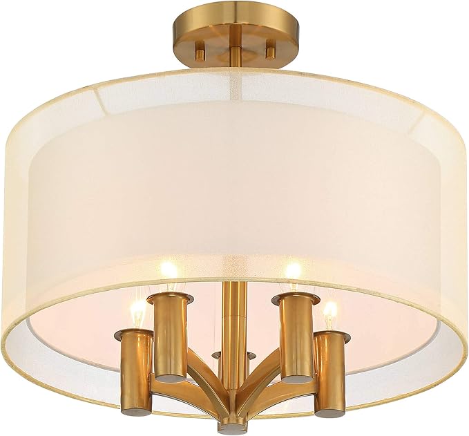 Possini Euro Design Caliari Modern Close to Ceiling Light Semi Flush Mount Fixture 18" Wide 5-Light Warm Brass Gold Double Drum Shades for Bedroom Hallway Living Room Dining Room Bathroom Kitchen