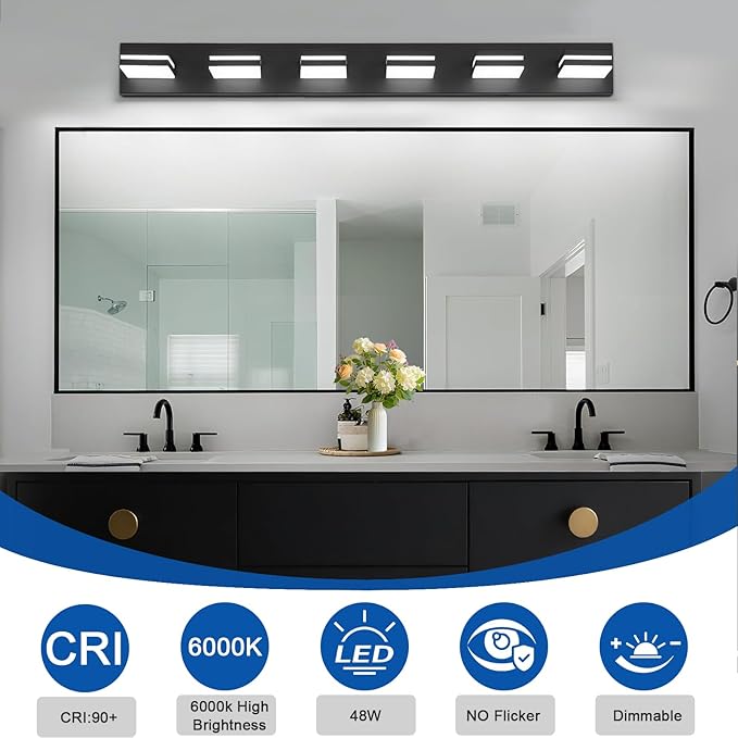 IZORRO LED Modern Bathroom Lights Fixtures(6-Light,Dimmable,360°Rotate),Matte Black Acrylic Wall Lighting,Vanity Lights for Bathroom Over Mirror - 6000k 36In （No Assembly Required）