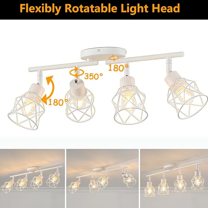 Dimmable 4 Light Plug in Ceiling Light,White Plug in Track Lighting Kit with 16.5' Cord,Flexibly Rotatable Light Head,Modern Industrial Farmhouse Style(Bulbs Not Included)