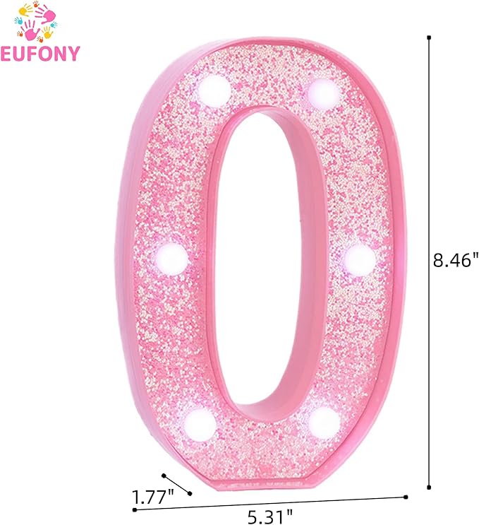 Pink Light Up Marquee Numbers, Glitter LED Number Lights Signs Battery Operated for Girls Pink Birthday Party Table Decorations, 2026 Graduation Decor, 8 Inch Number 0 with Cool White Lights